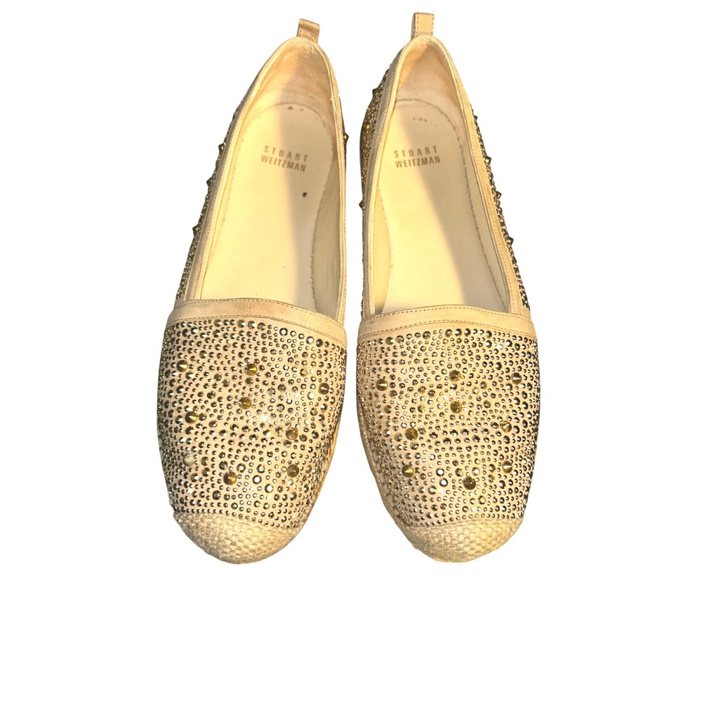 Stuart Weitzman Beige Suede Crystal Studded Espadrille Flats Shoes 7.5M
